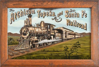 Santa Fe Railroad Reverse Glass Pearl Inlay Sign