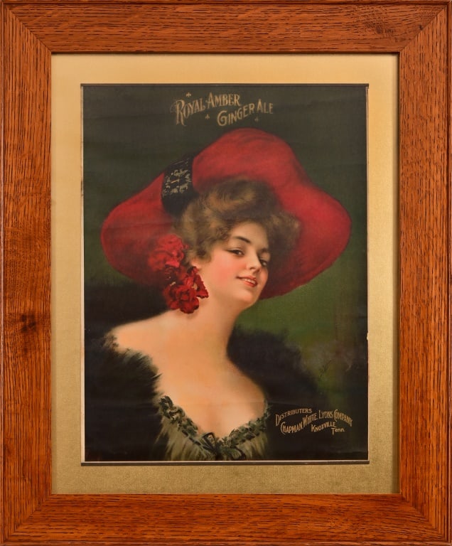 Royal Amber Ginger Ale Sign: Royal Amber Ginger Ale Lithograph paper sign. Distributers Chapman, White and Lyons, Knoxville, Tenn. Excellent Condition. Measures 15" x 19.5". Quartersawn Oak frame. Including the frame measures 23.