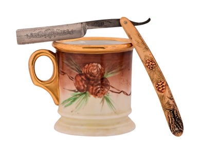 Antique Hand Painted Shaving Mug & Straight Razor