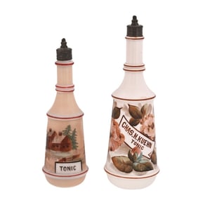 Two Hand Painted Milk Glass Barber Bottles