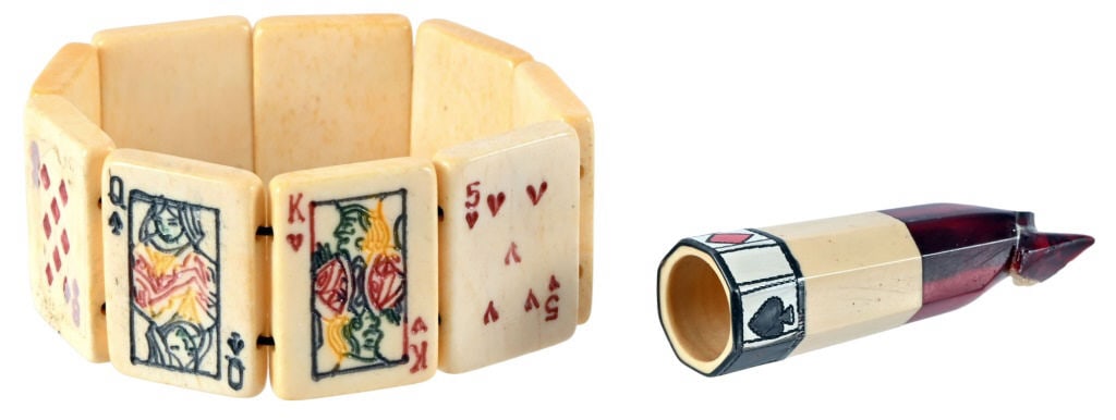 Playing Card Bakelite Bracelet & Pipe Mouth Piece: Vintage, Playing Card Bakelite Bracelet & Cigar Holder. With Tobacco Pipe mouthpiece with Spades, Diamonds, Clubs and Hearts on it. Mouth piece is broken. Bracelet is in Excellent Condition.
