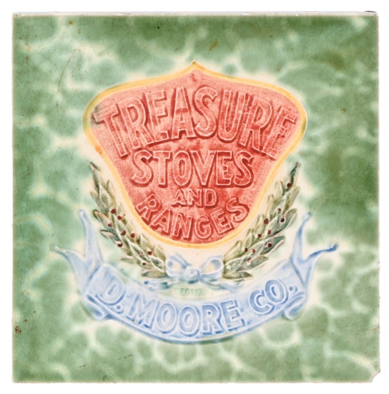 Treasury Stove & Ranges Ceramic Tile: Treasury Stove & Ranges Ceramic Tile. D. Moore & Co., Treasury Stove & Ranges. Measures 6" x 6" Some chips but good condition.