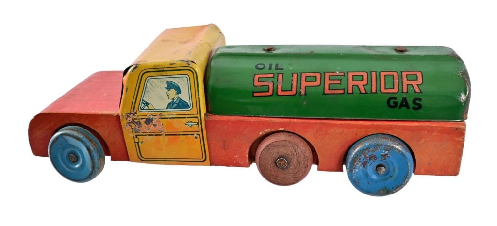 Wood Toy, Gas Tanker Truck for Superior Oil Co.: Wood Toy, Gas Tanker Truck for Superior Oil Co. Promotional Premium, an Iowa Corp. Wood base and wheels with tin cab and tank. 8 1/2 inches long. Good Condition.