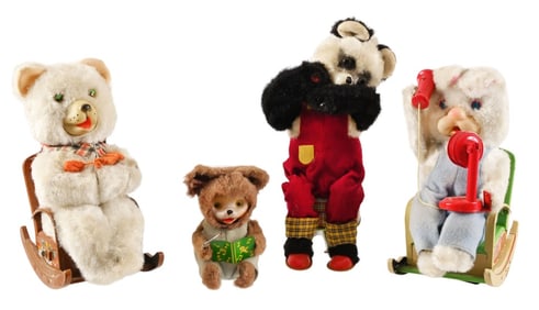Four Mechanical Fuzzy Toy Bears & Rabbit
