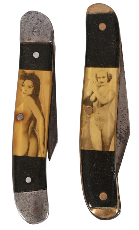 Two Vintage Nudie Pocket Knives: Two (2) Vintage Celluloid "Real Photo" Nude Pocket Knives.