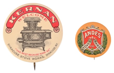 Two Antique Stove & Range Advertising Pin Backs