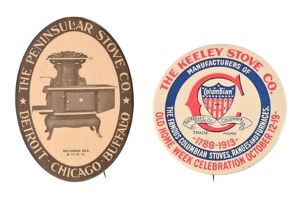 Two Antique Stove Advertising Celluloid Pins