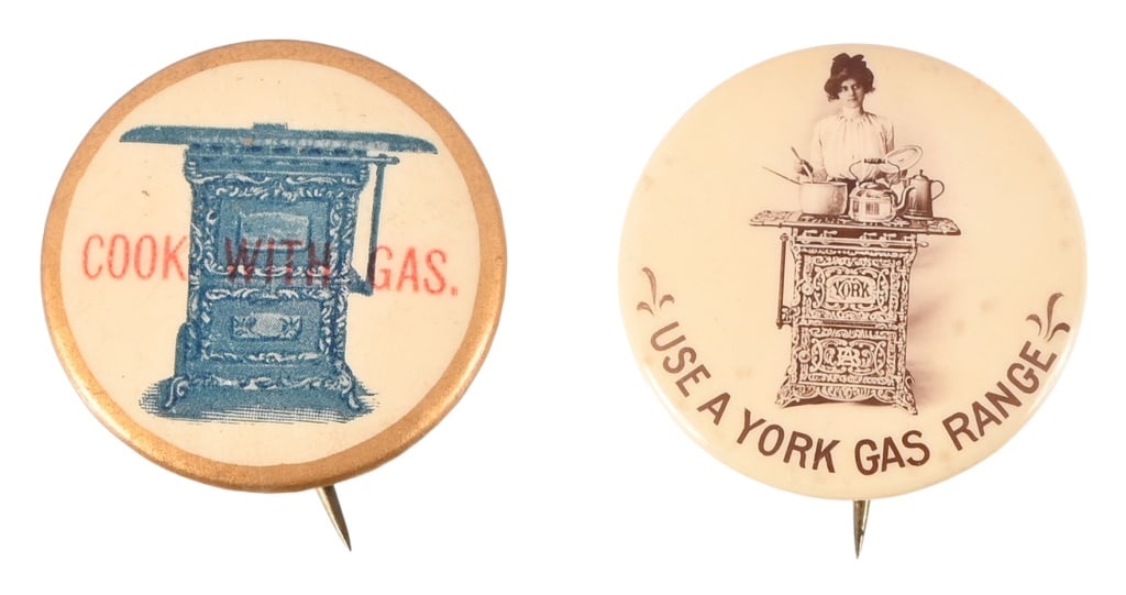 (2) Antique Gas Range Stove Ad Celluloid Buttons (1 of 2)