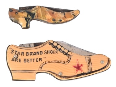 Two Shoe Shaped Pocket Knives, One advertising