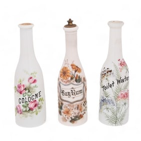 Three Hand Painted Milk Glass Barber Bottles