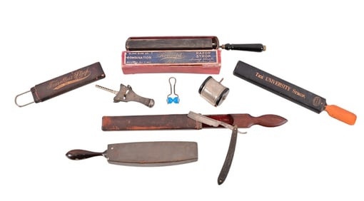 Collection of 8 Barber Razor, Strops, Sharpeners