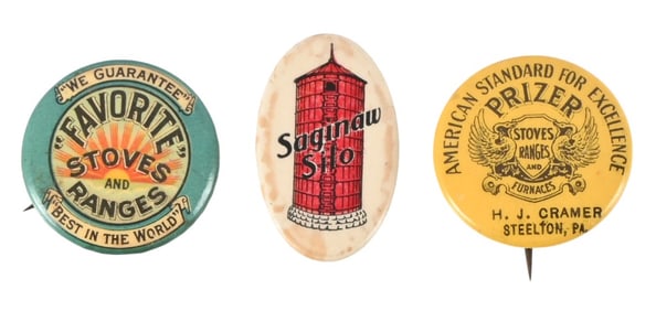 Three Antique Advertising Pin Backs