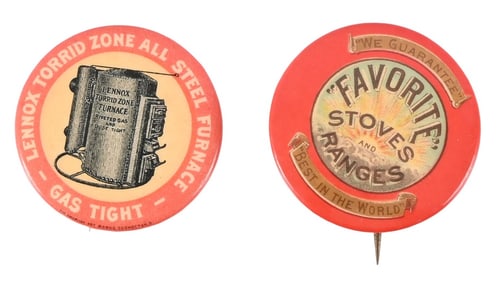 Two Antique Stove & Range Advertising Pin Backs