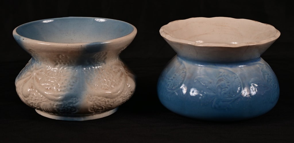 Two Antique Stoneware Blue Floral Spittoons: Two Antique Stoneware Blue Floral Spittoons. Both measure 5" x 7". Excellent Condition.