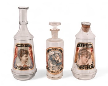 Three Assorted Label Under Glass Barber Bottles