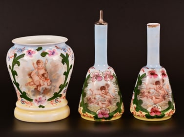 Pair of Barber Bottles and Waste Bucket