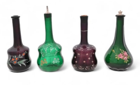 Four Antique, Enamel Floral Barber Bottles