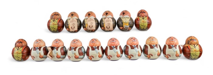 Collection of 16 Little Man Roly Poly Tin Containers