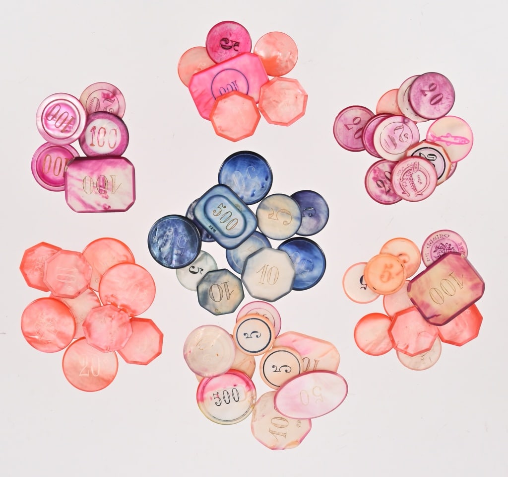 Collection Of 62 Vintage Mother of Pearl Poker Chips: Collection Of 62 Vintage Mother of Pearl Poker Chips.
