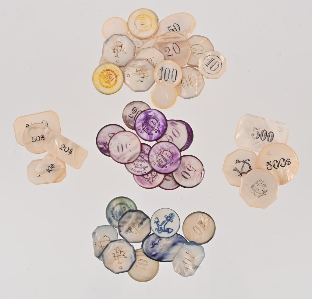 Collection Of Vintage Mother of Pearl Poker Chips: Collection of 45 mother-of-pearl poker chips.