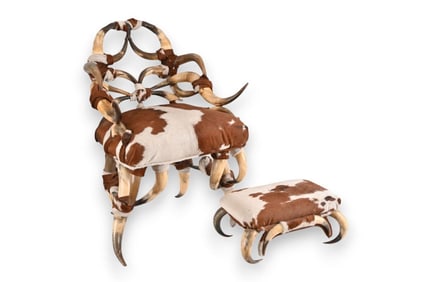 Antique Horn & Cowhide Chair w/ Foot Rest