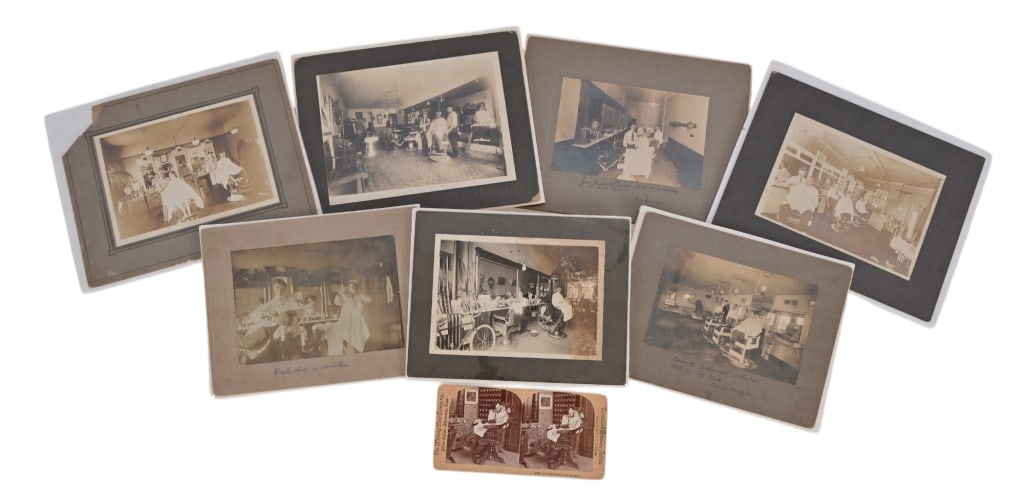Collection of Antique Barbershop Photo Cards: (Seven) Barbershop photos on card; (One) stereograph photo card.
