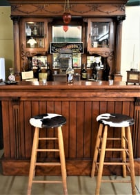 1910 Antique Small Saloon Back Bar, Front Bar & Stools