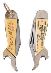 Two Utica Club Beer Gal Leg Pocket Knives