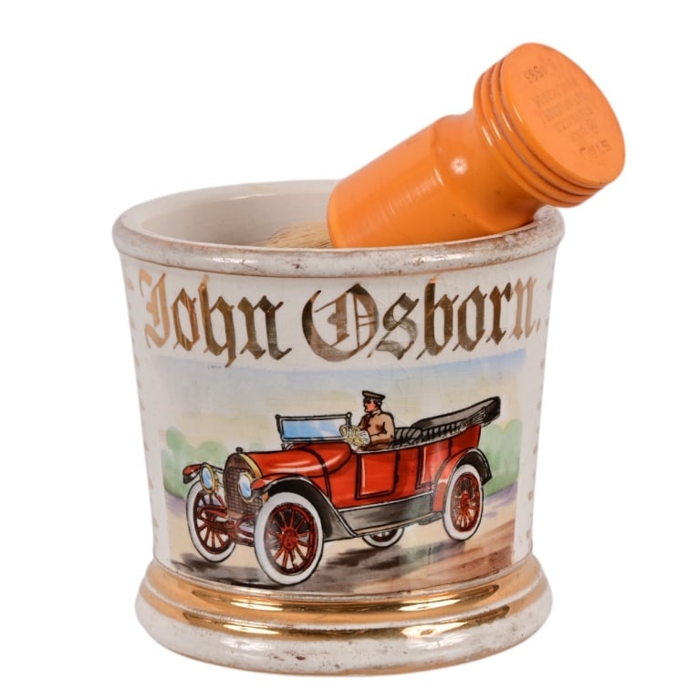 Occupational Shaving Mug with Brush: John Osborn "Chauffeur" in gold lettering, with badger hair brush. Excellent Condition.