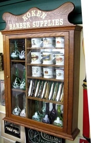 Antique Oak Barber Mug, Bottle and Razor Cabinet