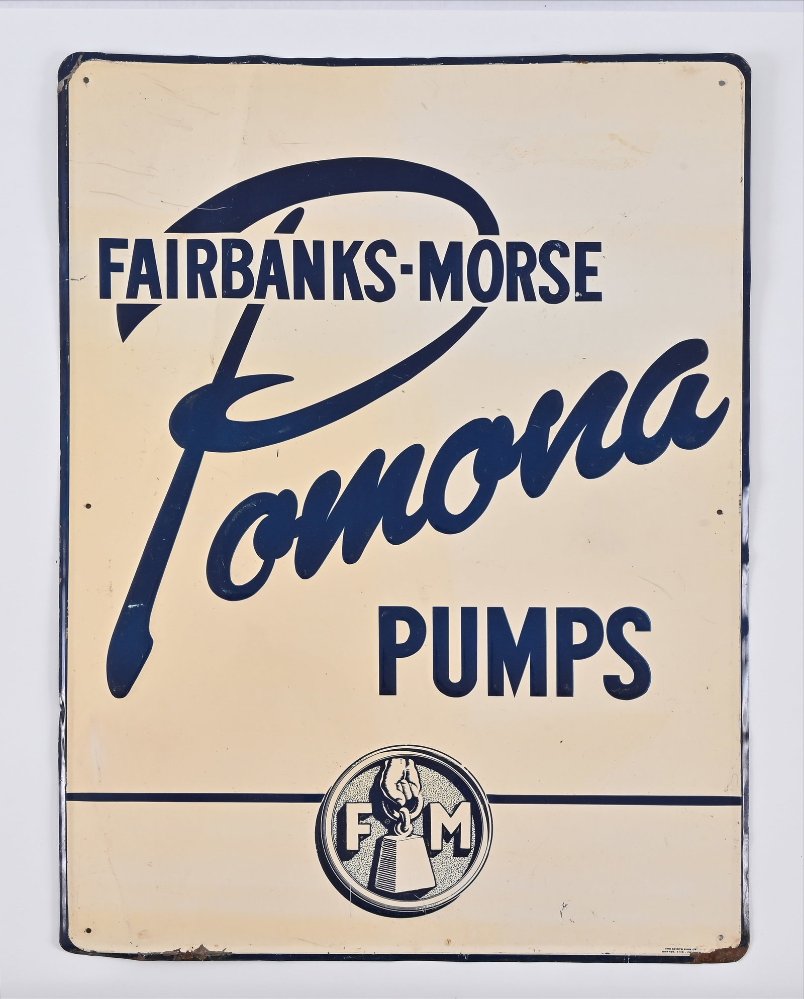 Fairbanks-Morse Pomona Gas Pumps Embossed Tin Sign: Measures 17 3/4" x 23 3/4".
