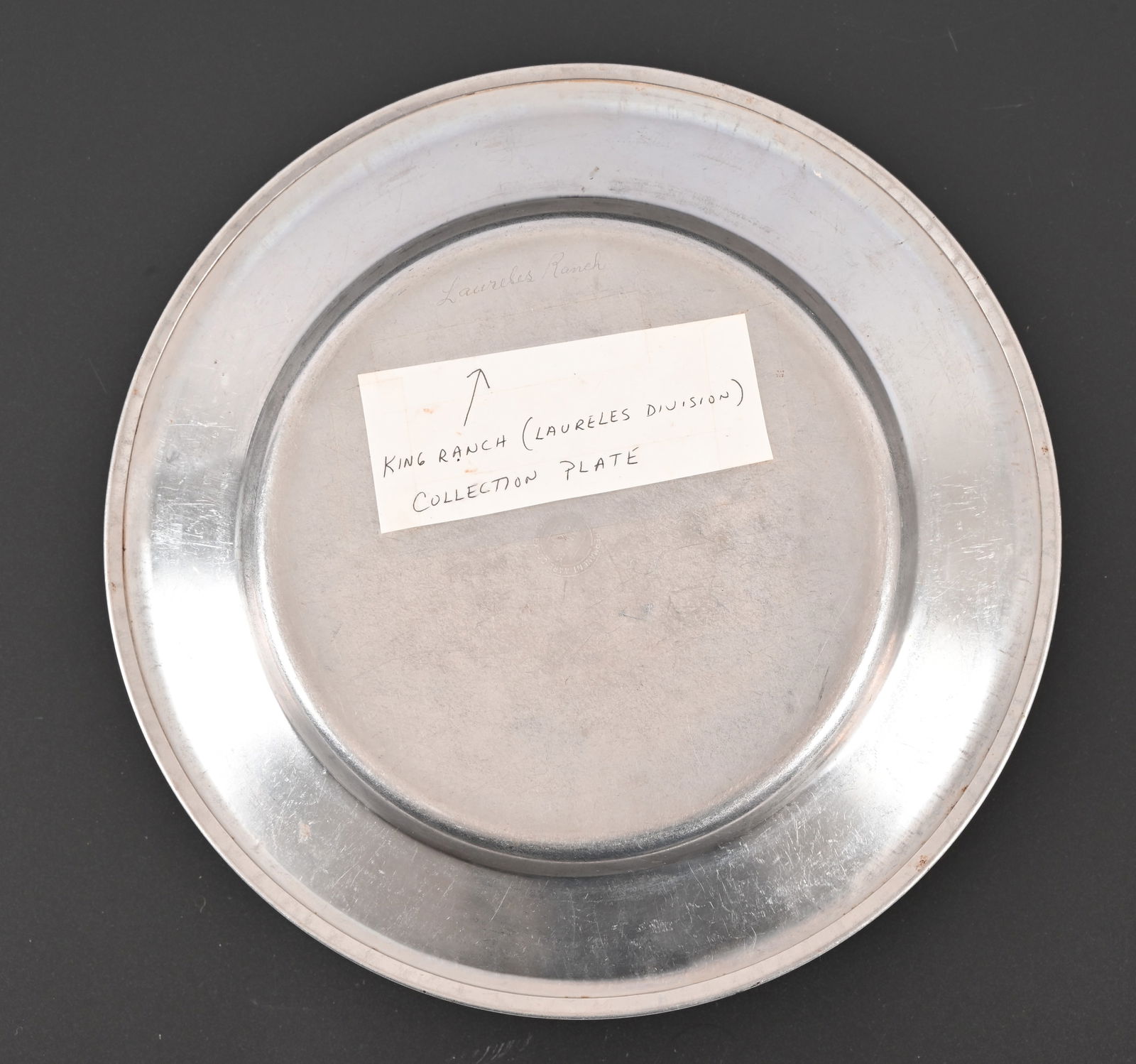 King Ranch Laureles Division Collection Plate: American Permanent Ware, Dallas Texas collection plate, engraved on back Laureles Division. 10" diameter