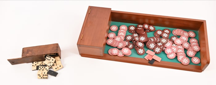 Mason & Co.Bone Domino & Poker Chip Oak Cased Sets