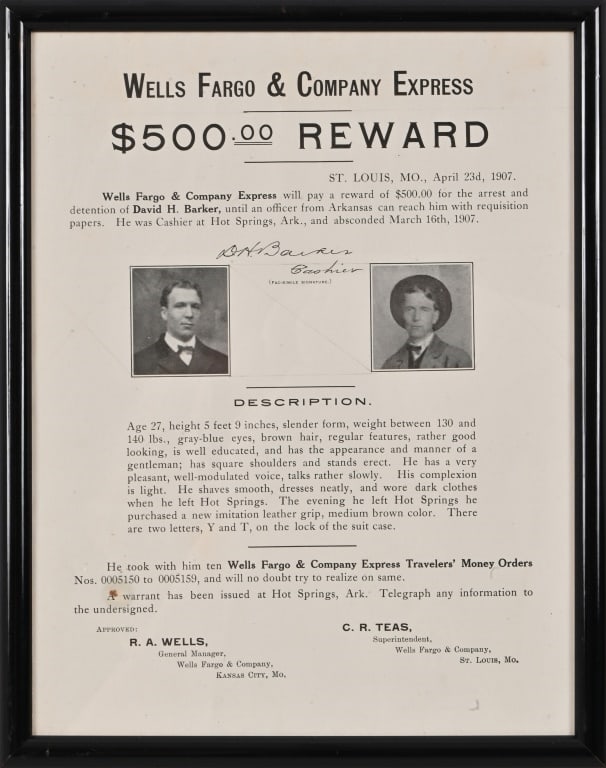 Wells Fargo & Co. 1907 Framed $500 Reward (1 of 1)