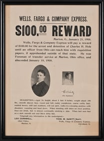 Wells Fargo & Co. 1908 Framed $100 Reward