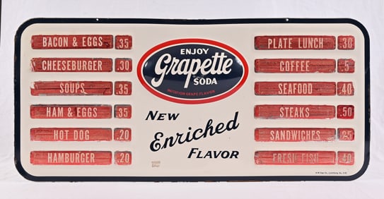 Grapette Embossed Tin Menu Sign c.1955