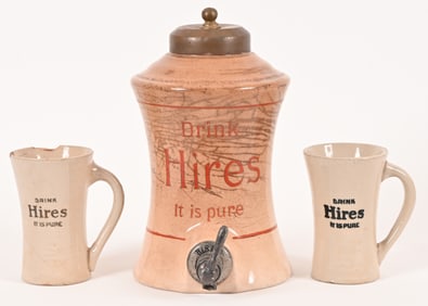 Hires Root Beer Porcelain Syrup Dispenser and Mugs
