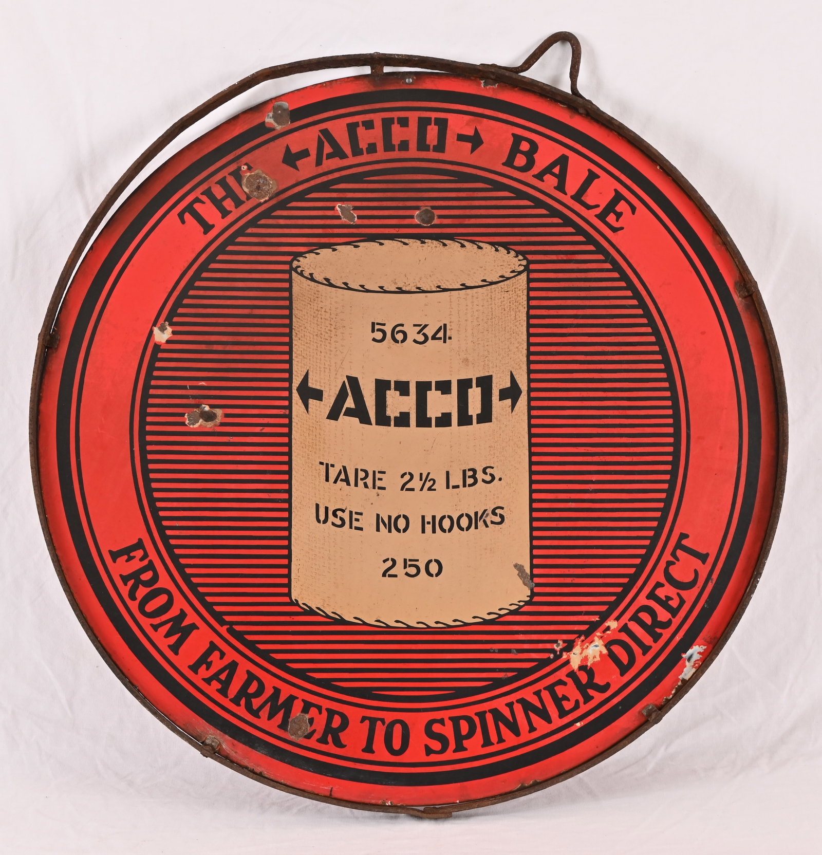 Acco Bale Porcelain Advertising Sign: Original frame, 30 1/4" diameter.