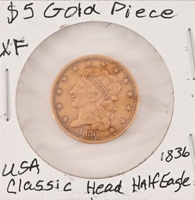 1836 Classic Head $5 Gold Half Eagle XF