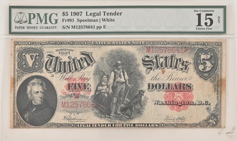 1907 Paper $5 Bill PMG 15 Choice Fine