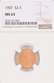 1907 Liberty Head $2.5 Gold Coin NGC MS63