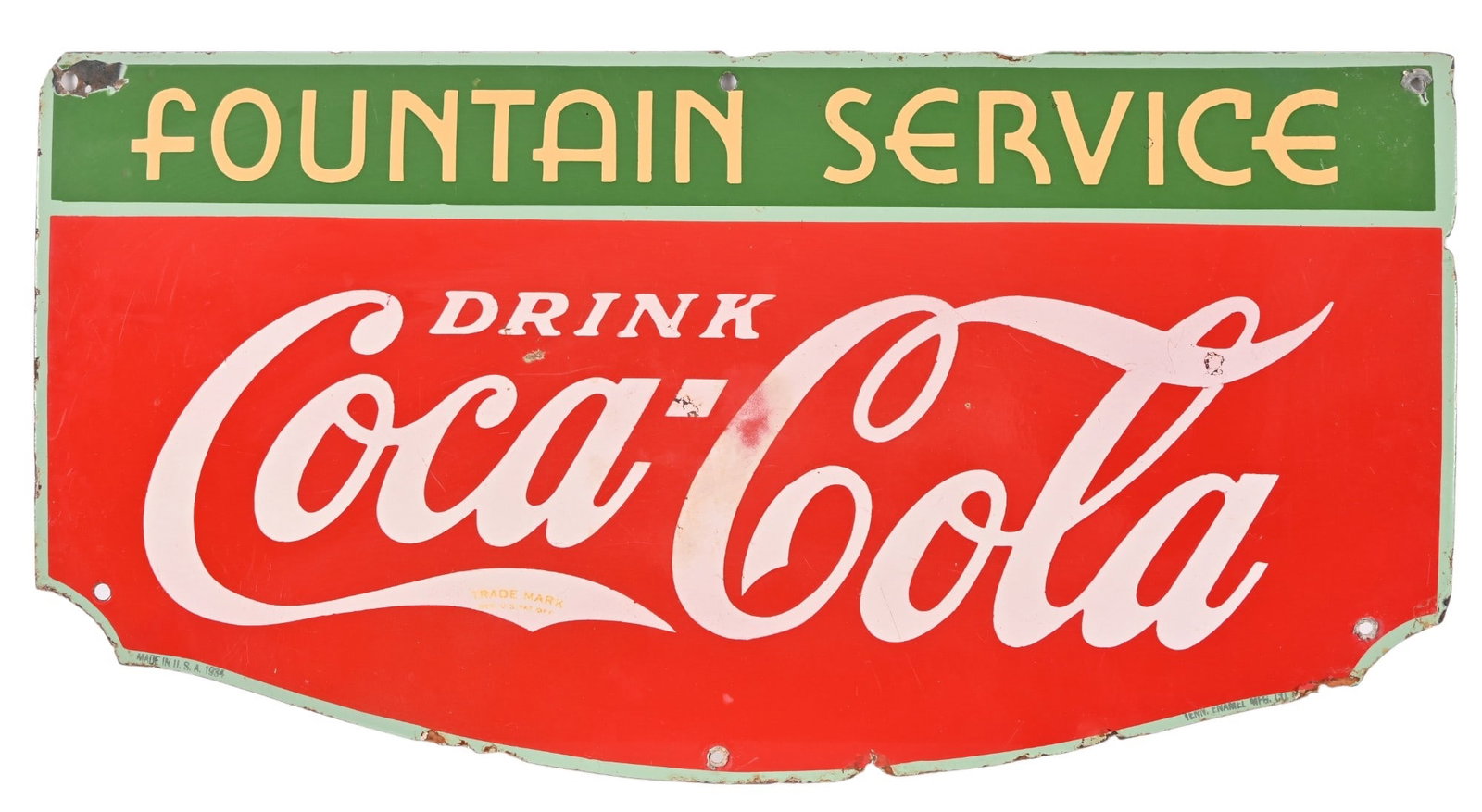 Coca-Cola "Fountain Service" Porcelain Sign c.1934: Manufactured 1934 by the Tennessee Enamel Mfg Co. Measures 14" x 27"