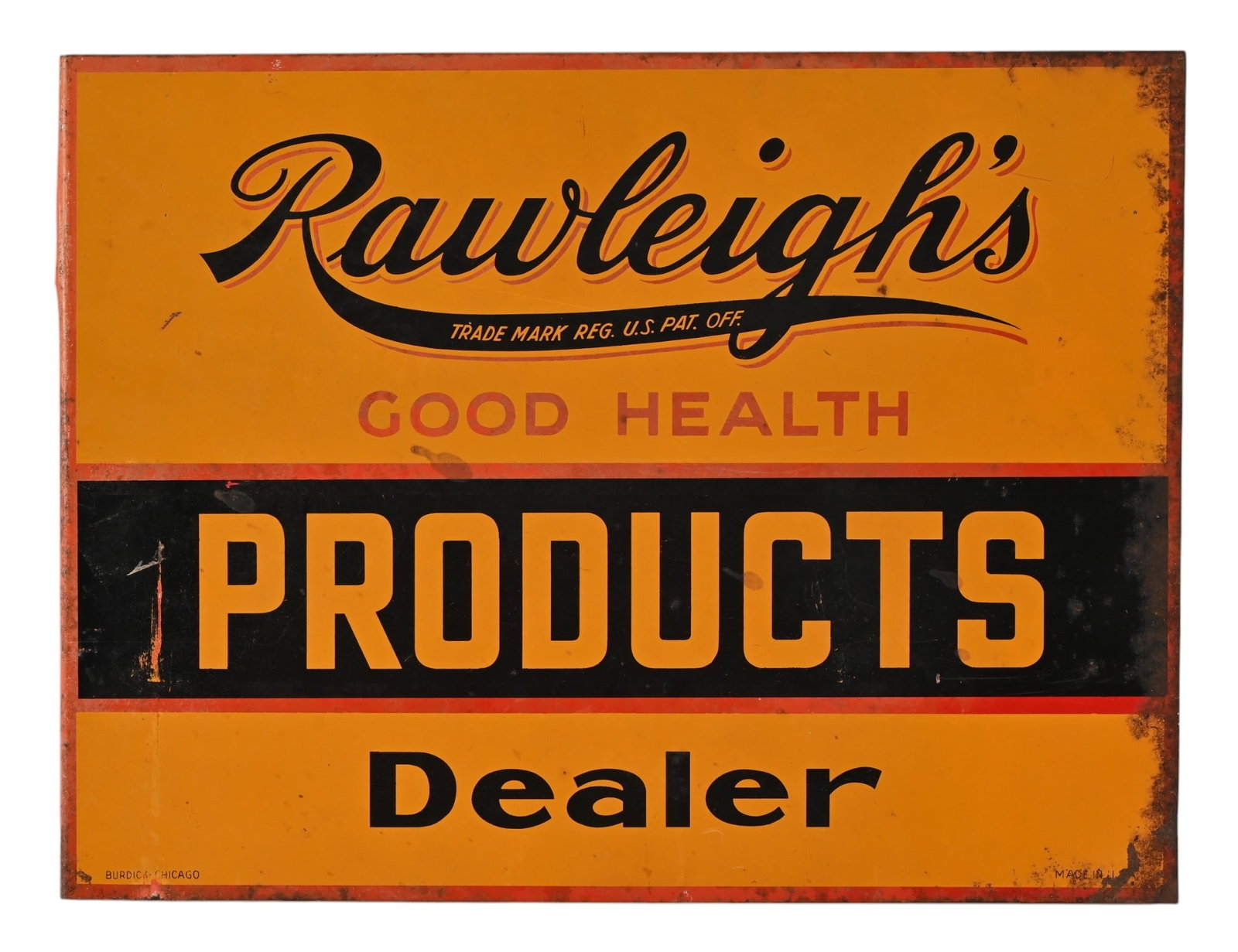 Rawleigh's Good Health Products Metal Flange Sign: Double-sided 13.75" x 18.25" manufactured by Burdick Sign Co., Chicago.