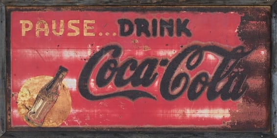 Large Coca-Cola Tin Advertising Sign, Wood Framed