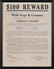 Wells Fargo & Co. $100.00 Reward 1914 Authentic