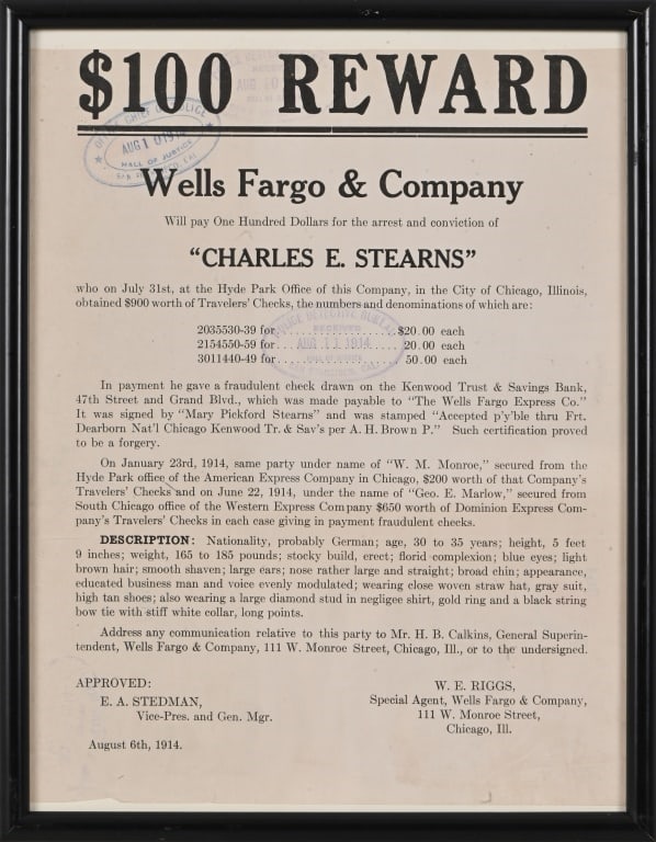 Wells Fargo & Co. $100.00 Reward 1914 Authentic (1 of 2)