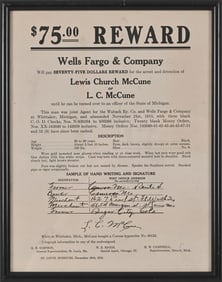 Wells Fargo & Co. $75.00 Reward 1915 Authentic