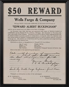 Wells Fargo & Co. $50.00 Reward 1914 Authentic