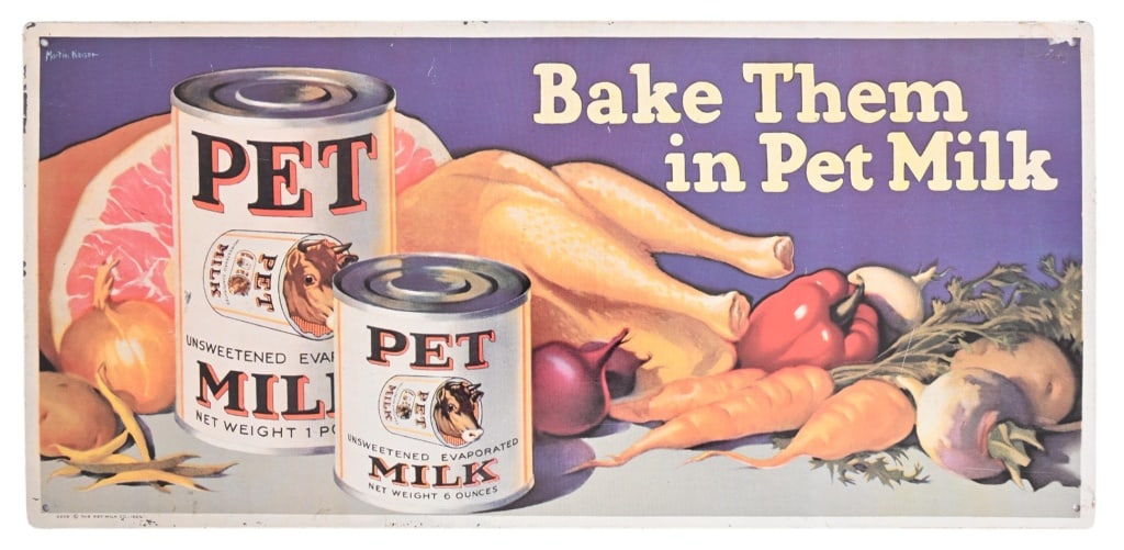 Pet Milk Litho Tin Advertising Sign: Bake them in Pet Milk. Measures 19 1/2" x 9".