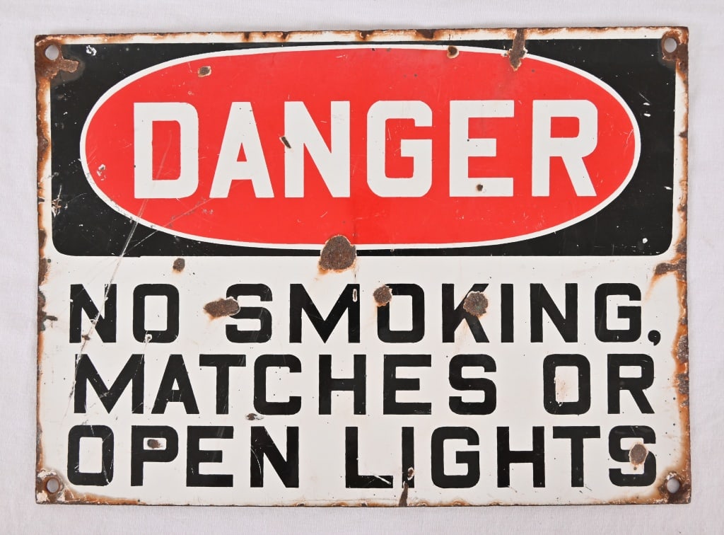 Danger No Smoking Porcelain Sign: No smoking, matches or open lights. Measures 14" x 10".